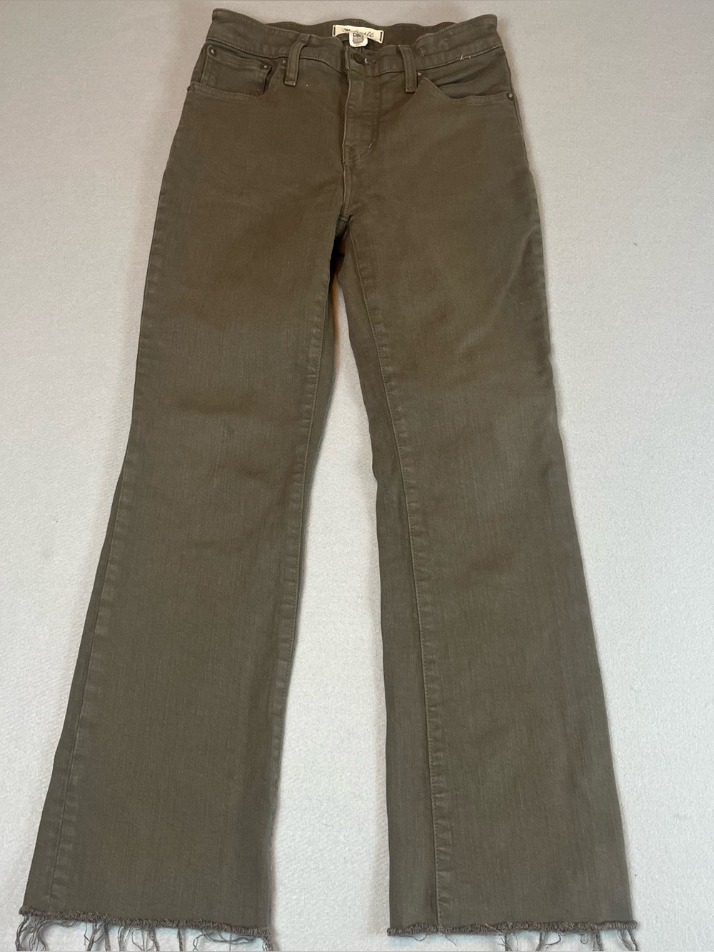 Madewell Mid Rise Kick Out Jeans 25 Olive Green Raw Hem Flare Ankle Stretch